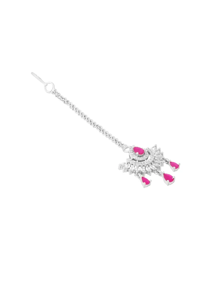 Yellow Chimes Earrings AD Maang Tikka Silver Plated American Diamond Traditional 15 cm Pink White