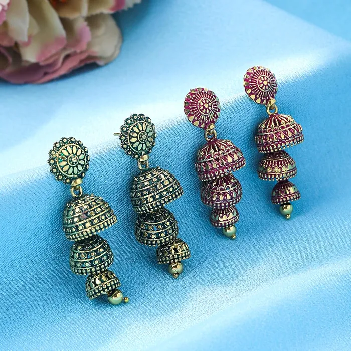 Yellow Chimes Earrings for Women and Girls Traditional Multicolor Jhumka Earrings Oxidised Gold Plated 2 Pairs Combo Long Dangler Jhumki Earrings for women Birthday Gift For Girls Women Yellow Chimes Earrings