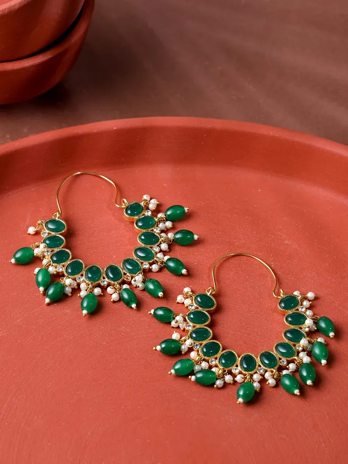 Yellow Chimes Earrings For Women Gold Toned Green Stone Studded Graceful Hoop Earrings For Women and Girls Yellow Chimes Necklaces