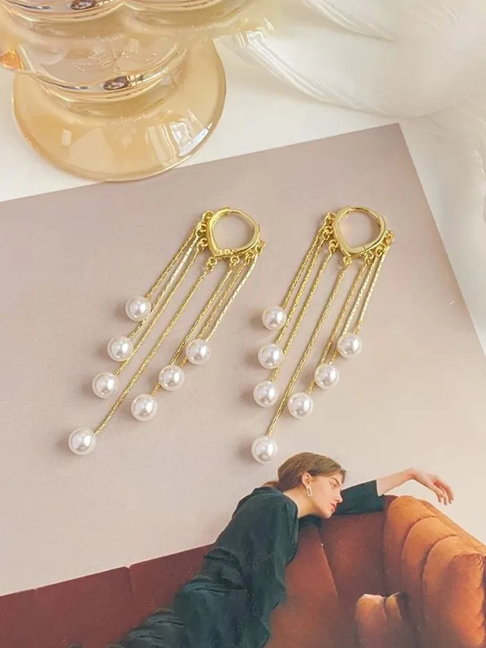 Yellow Chimes Earrings For Women Gold Toned Pearl Beads Hanging Drop Dangler Earrings For Women and Girls Yellow Chimes Necklaces