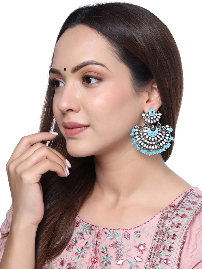 Yellow Chimes Earrings For Women Long Chandbali Blue Pearl and Stone Studded Elegant Earrings For Women and Girls Yellow Chimes Necklaces