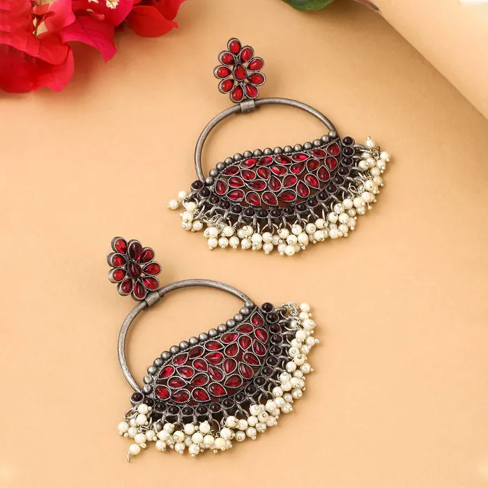 Yellow Chimes Earrings For Women Silver Toned Floral Shaped Pink Stone and Pearl Studded Chandbali Earrings For Women and Girls Yellow Chimes Earrings