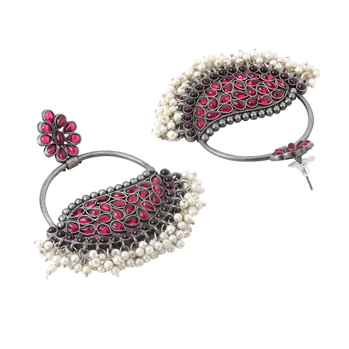 Yellow Chimes Earrings For Women Silver Toned Floral Shaped Pink Stone and Pearl Studded Chandbali Earrings For Women and Girls Yellow Chimes Earrings