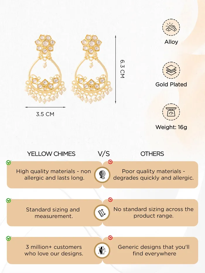 Yellow Chimes Earrings Kundan Dangle Earrings Gold Plated Lightweight 1 Pair Traditional Style Elegant Design