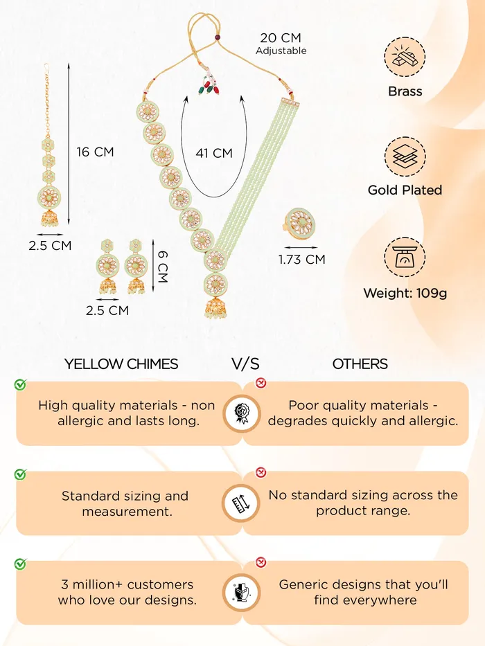 Yellow Chimes Earrings Traditional Gold Plated Necklace Set with SemiPrecious Beads 41 cm Green Womens Jewellery Set