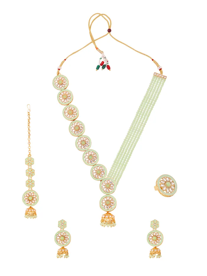 Yellow Chimes Earrings Traditional Gold Plated Necklace Set with SemiPrecious Beads 41 cm Green Womens Jewellery Set
