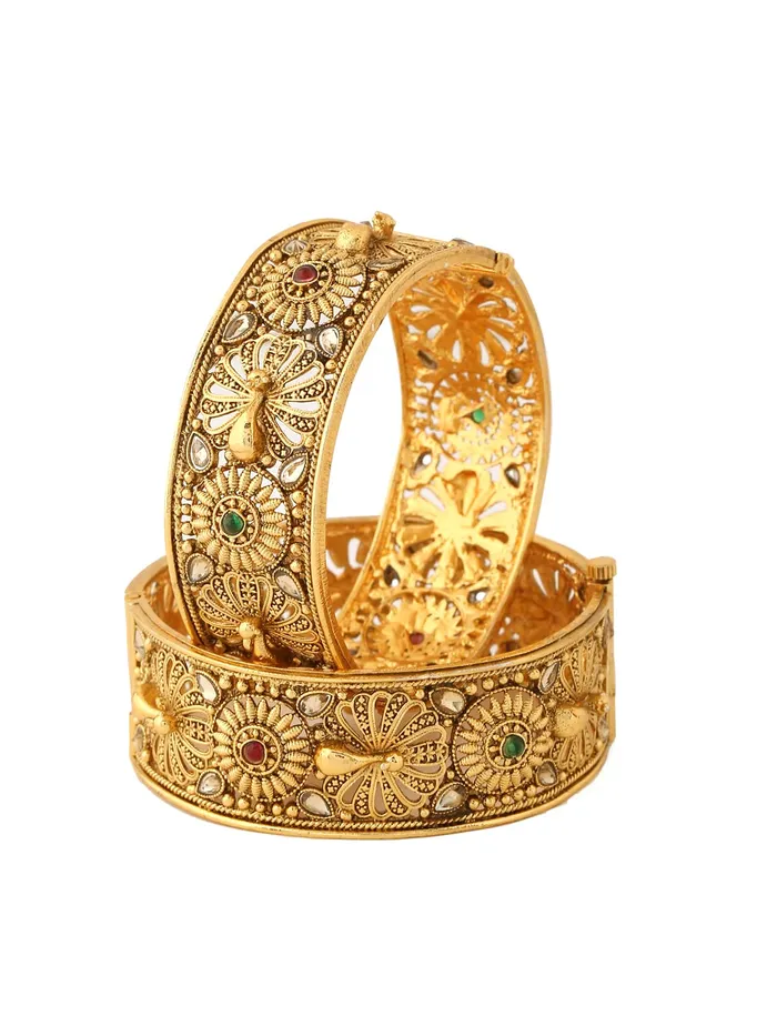 Yellow Chimes Earrings Yellow Chimes Bangles for Women Gold Toned Crystal Studded Peacock Designed Set of 2 Bangles for Women and Girls