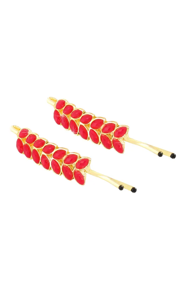 Yellow Chimes Earrings Yellow Chimes Beautiful Leaf Design 4 Pcs Combo Studded Stone Gold Plated Classic Hair Pins for Women Girls