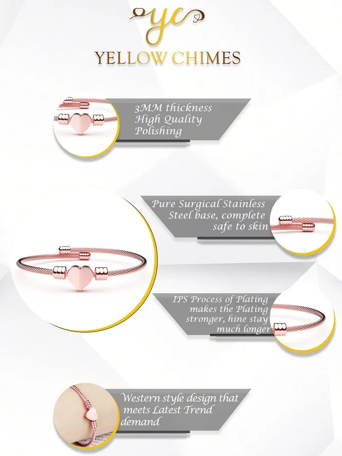 Yellow Chimes Earrings Yellow Chimes Bracelet for Women Stainless Steel Rose Gold Plated Heart Shaped Openable Kada Bracelet for Women and Girls