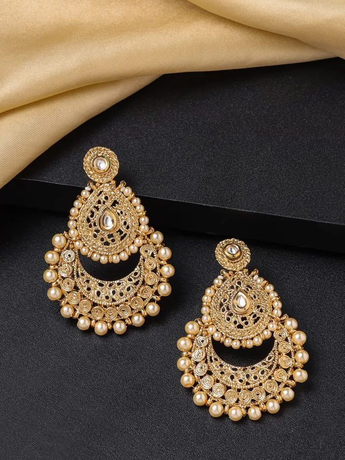 Yellow Chimes Earrings Yellow Chimes Chandbali Earrings for Women Gold Plated Kundan Studded Pearl Gilded 2 Layer Chand bali Earrings for Women and Girls