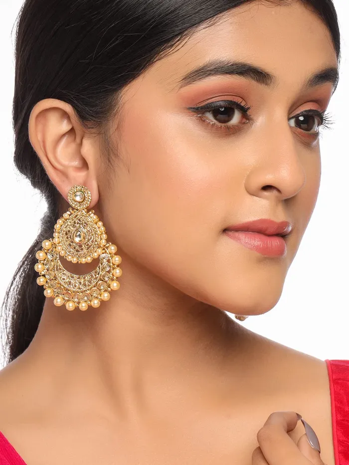 Yellow Chimes Earrings Yellow Chimes Chandbali Earrings for Women Gold Plated Kundan Studded Pearl Gilded 2 Layer Chand bali Earrings for Women and Girls