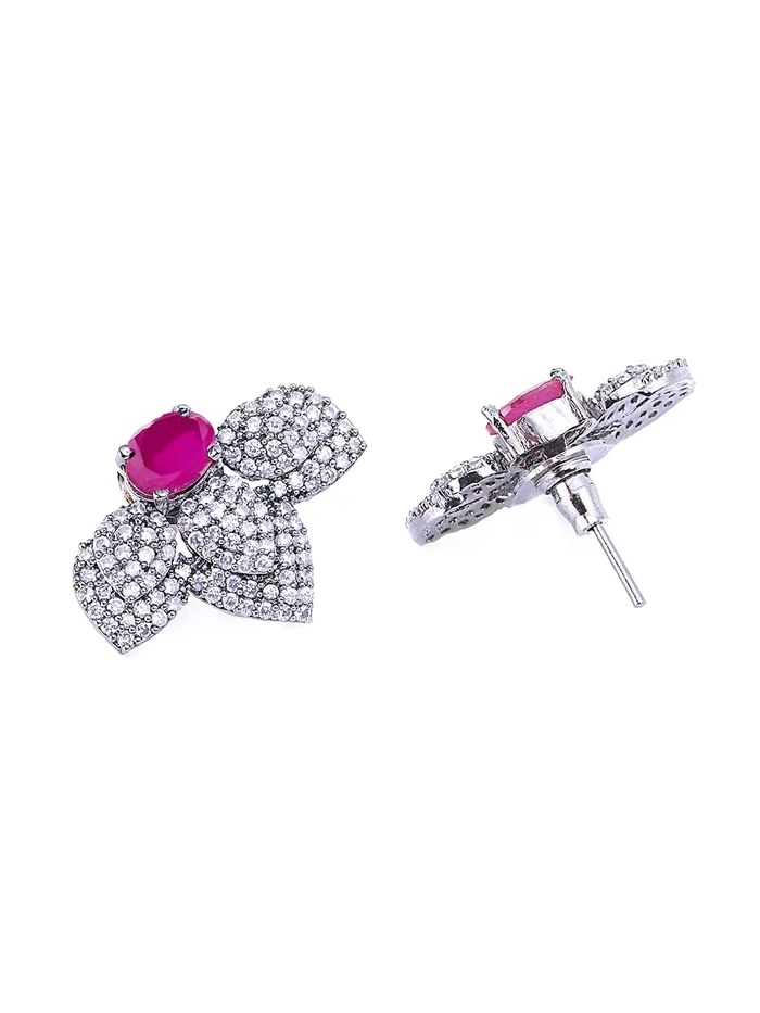 Yellow Chimes Earrings Yellow Chimes Classic ADAmerican Diamond Studded Black Rhodium Plated Pink Flower Stud Earrings for Women and Girls Medium