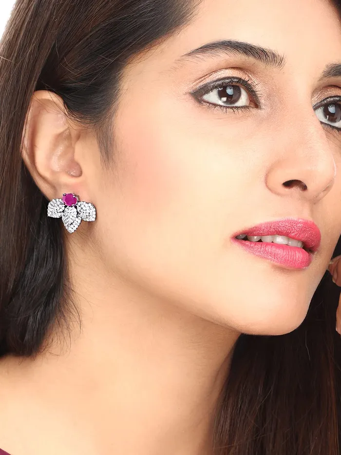 Yellow Chimes Earrings Yellow Chimes Classic ADAmerican Diamond Studded Black Rhodium Plated Pink Flower Stud Earrings for Women and Girls Medium