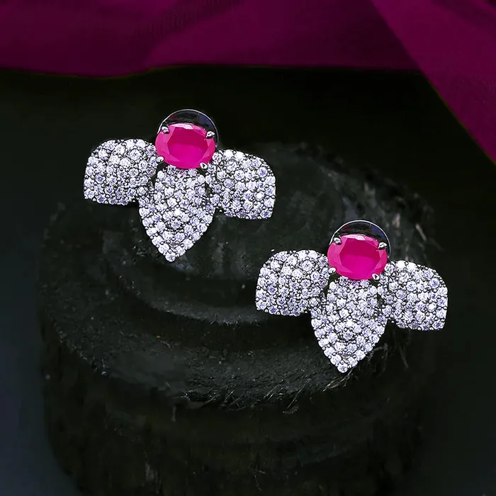 Yellow Chimes Earrings Yellow Chimes Classic ADAmerican Diamond Studded Black Rhodium Plated Pink Flower Stud Earrings for Women and Girls Medium