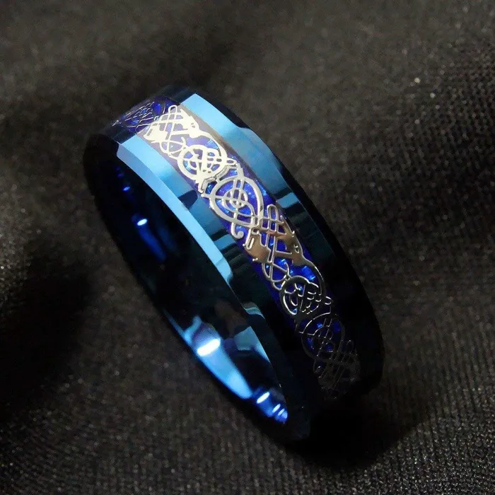Yellow Chimes Earrings Yellow Chimes Combo Blue Gold Rings For Men Pack of 2 Stainless Steel Men Rings Dragon Celtic Design Blue Gold Finger Rings for Boys Ideal Gift For Men and Boys