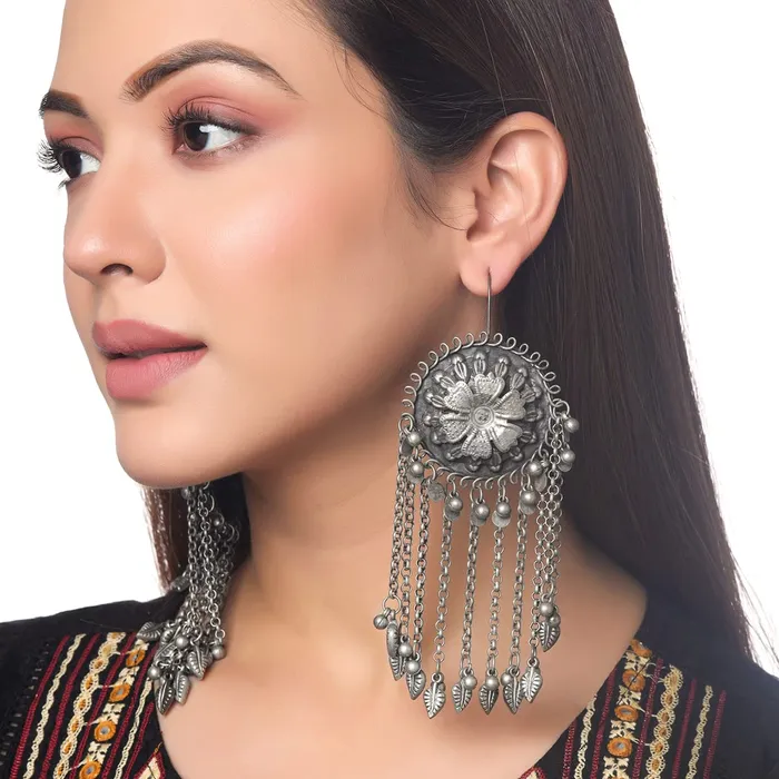 Yellow Chimes Earrings Yellow Chimes Earrings for Women and Girls Silver Oxidised DanglerSilver Oxidised Floral Designed Dangler EarringsBirthday Gift For girls and women Anniversary Gift for Wife