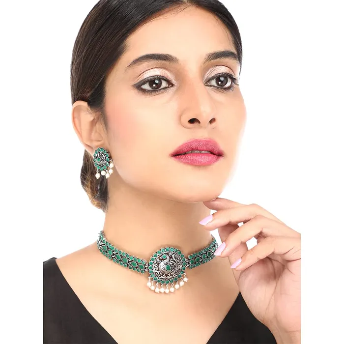 Yellow Chimes Earrings Yellow Chimes Ethnic German Silver Oxidised Green studded stones Peacock Design Choker Necklace Set with Earrings Traditional Jewellery Set for Women and Girls Medium YCTJNS55PCKSTNGR