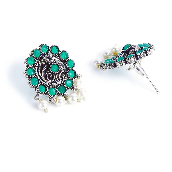 Yellow Chimes Earrings Yellow Chimes Ethnic German Silver Oxidised Green studded stones Peacock Design Choker Necklace Set with Earrings Traditional Jewellery Set for Women and Girls Medium YCTJNS55PCKSTNGR