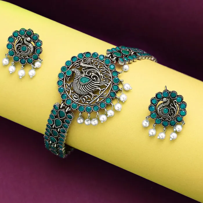 Yellow Chimes Earrings Yellow Chimes Ethnic German Silver Oxidised Green studded stones Peacock Design Choker Necklace Set with Earrings Traditional Jewellery Set for Women and Girls Medium YCTJNS55PCKSTNGR