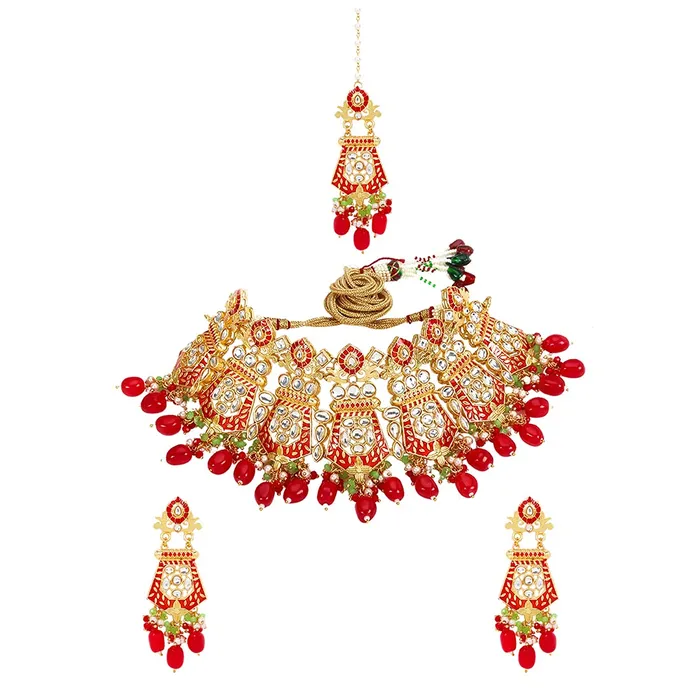 Yellow Chimes Earrings Yellow Chimes Ethnic Gold Plated Kundan Red Beads Design Jewellery Set Multicolour Meenakari Choker Necklace Set with Earrings and maang Tikka for Women and Girls Yellow Chimes Earrings Yellow Chimes Ethnic Gold Plated Kundan Red Beads Design Jewellery Set Multicolour Meenakari Choker Necklace Set with Earrings and maang Tikka for Women and Girls