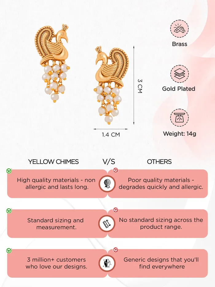 Yellow Chimes Earrings Yellow Chimes Gold Plated Drop Earrings with White Beads 34cm x 16cm Elegant Gift for Women