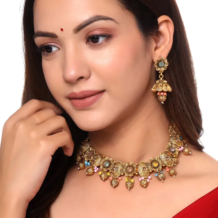 Yellow Chimes Earrings Yellow Chimes Jewellery Set for Women and Girls Traditional Bridal Jewellery Set for Wedding Gold Plated Choker Necklace Set Birthday Gift for girls and women Anniversary Gift for Wife