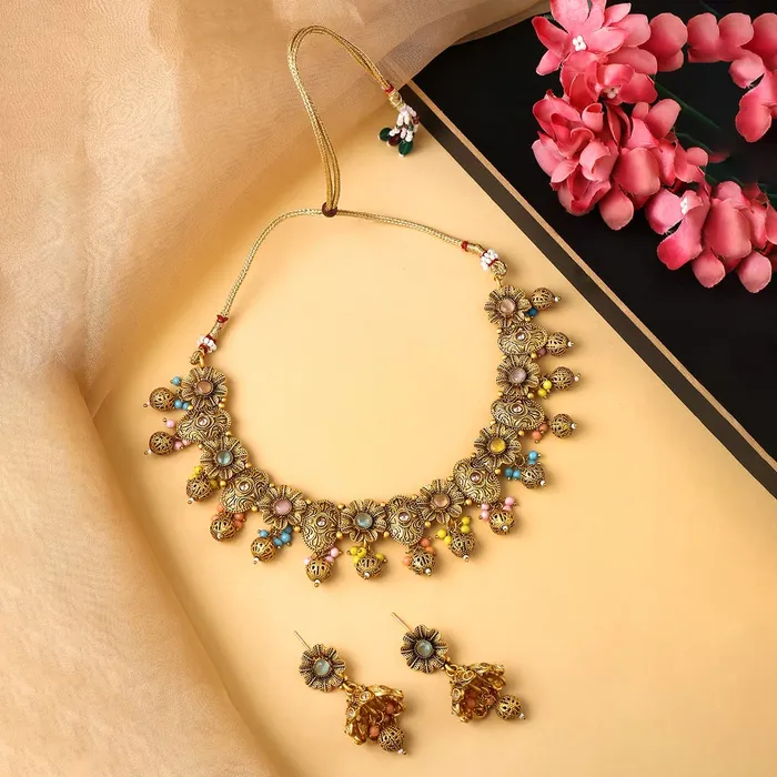Yellow Chimes Earrings Yellow Chimes Jewellery Set for Women and Girls Traditional Bridal Jewellery Set for Wedding Gold Plated Choker Necklace Set Birthday Gift for girls and women Anniversary Gift for Wife