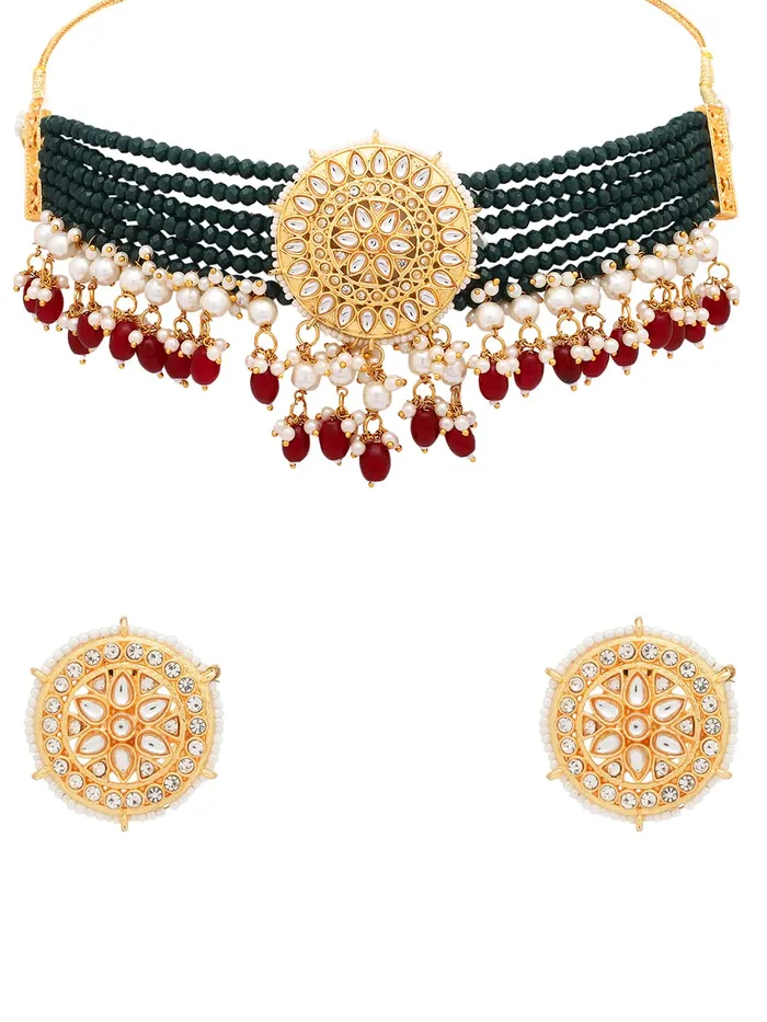 Yellow Chimes Earrings Yellow Chimes Jewellery Set for Women Gold Toned Kundan Studded with Beads Choker Necklace Set with Earrings for Women and Girls Yellow Chimes Earrings Yellow Chimes Jewellery Set for Women Gold Toned Kundan Studded with Beads Choker Necklace Set with Earrings for Women and Girls