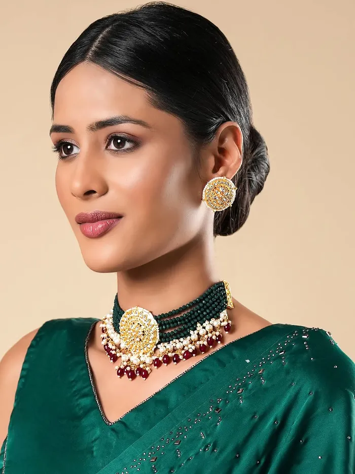 Yellow Chimes Earrings Yellow Chimes Jewellery Set for Women Gold Toned Kundan Studded with Beads Choker Necklace Set with Earrings for Women and Girls