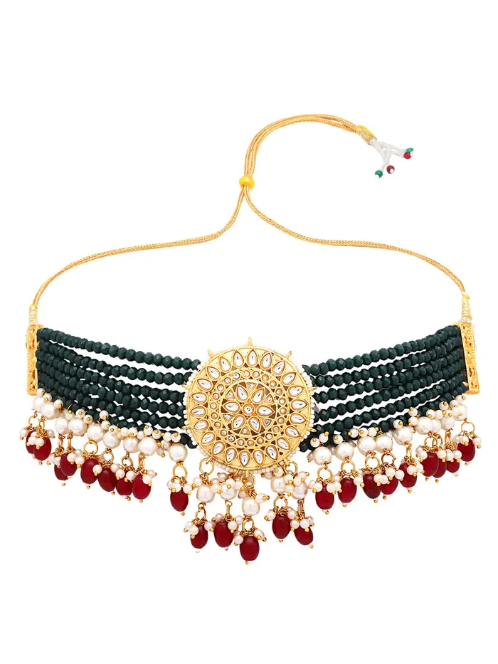 Yellow Chimes Earrings Yellow Chimes Jewellery Set for Women Gold Toned Kundan Studded with Beads Choker Necklace Set with Earrings for Women and Girls