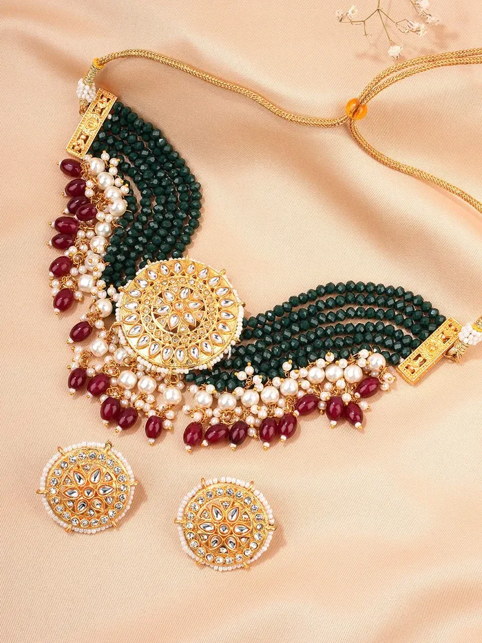 Yellow Chimes Earrings Yellow Chimes Jewellery Set for Women Gold Toned Kundan Studded with Beads Choker Necklace Set with Earrings for Women and Girls