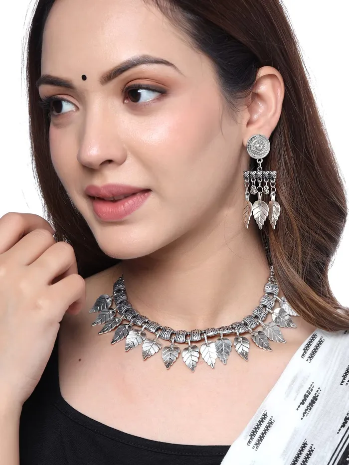 Yellow Chimes Earrings Yellow Chimes Jewellery Set For Women Silver Oxidised Necklace With Earring Leaflet Designed Vintage Necklace Set For Women and Girls
