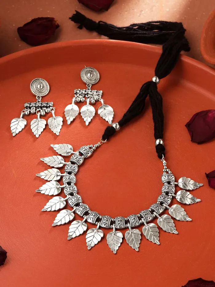 Yellow Chimes Earrings Yellow Chimes Jewellery Set For Women Silver Oxidised Necklace With Earring Leaflet Designed Vintage Necklace Set For Women and Girls