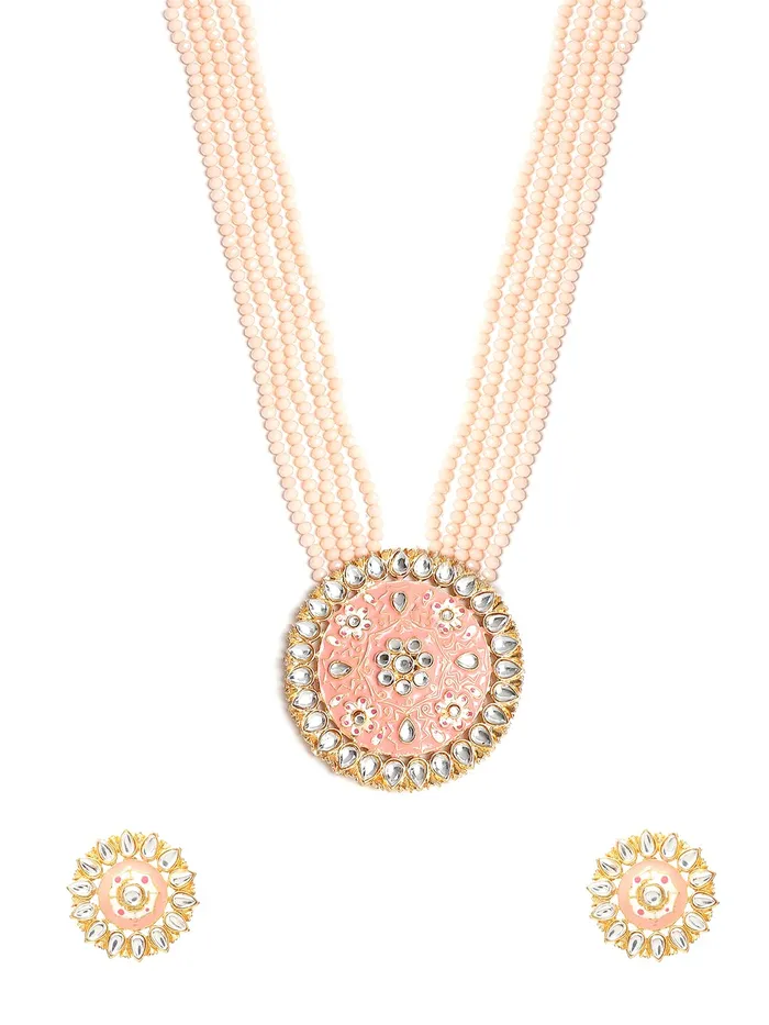 Yellow Chimes Earrings Yellow Chimes Kundan Jewellery Set for Women Traditional Peach Beads Meenakari Worked Gold Plated Long Necklace Set for Women and Girls Yellow Chimes Earrings Yellow Chimes Kundan Jewellery Set for Women Traditional Peach Beads Meenakari Worked Gold Plated Long Necklace Set for Women and Girls