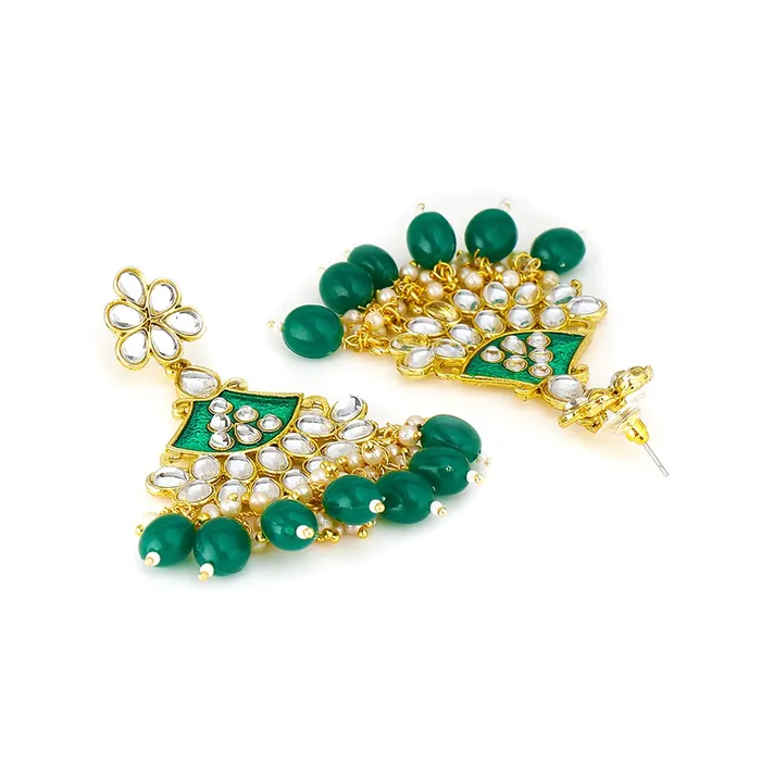 Yellow Chimes Earrings Yellow Chimes Kundun Earrings for Women Ethnic Gold Plated Beads Meenakari Green Floral Dangler Earrings for Women and Girls