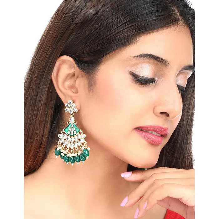 Yellow Chimes Earrings Yellow Chimes Kundun Earrings for Women Ethnic Gold Plated Beads Meenakari Green Floral Dangler Earrings for Women and Girls