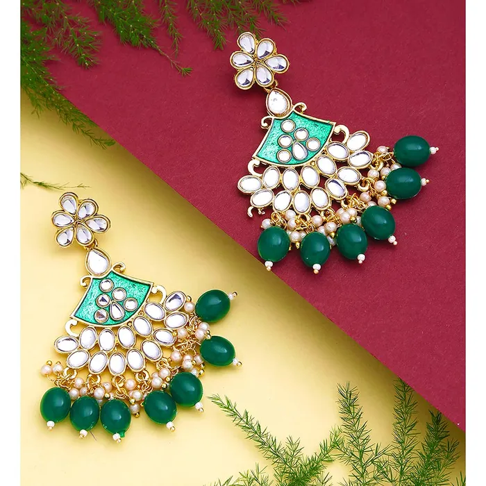 Yellow Chimes Earrings Yellow Chimes Kundun Earrings for Women Ethnic Gold Plated Beads Meenakari Green Floral Dangler Earrings for Women and Girls