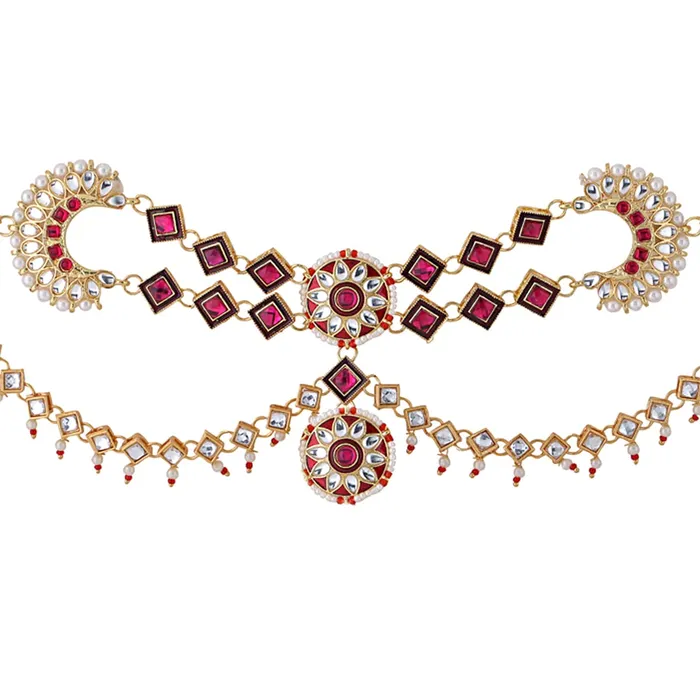 Yellow Chimes Earrings Yellow Chimes Maantikka Daamini for Women Gold Toned Kundan and Red Crystal Studded Daamini Maang Tikka for Women and Girls