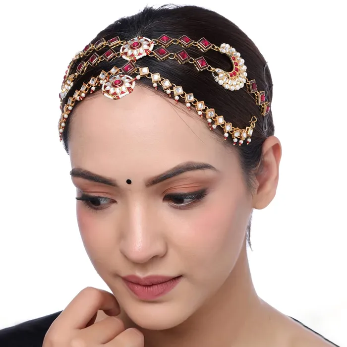 Yellow Chimes Earrings Yellow Chimes Maantikka Daamini for Women Gold Toned Kundan and Red Crystal Studded Daamini Maang Tikka for Women and Girls