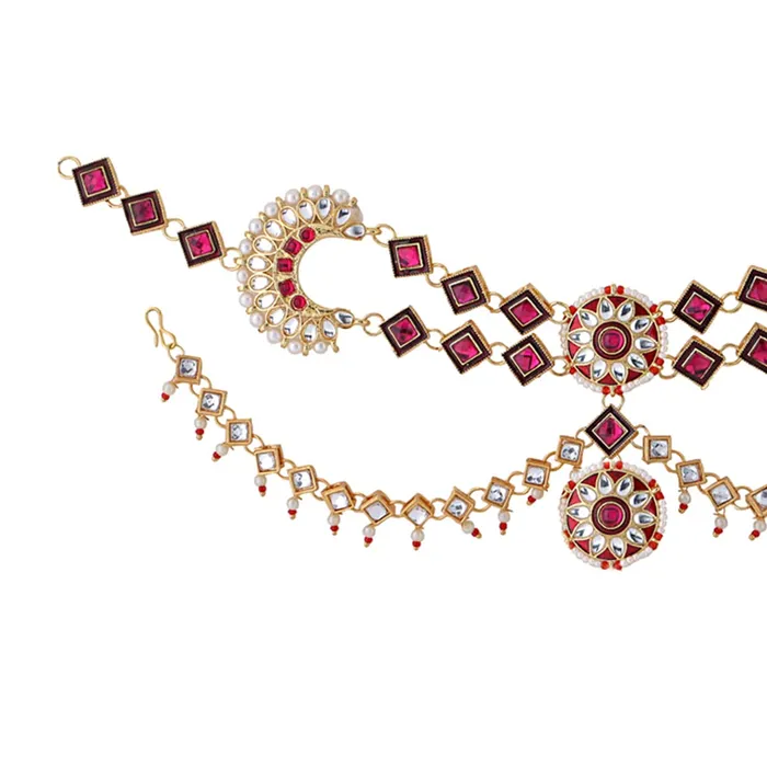 Yellow Chimes Earrings Yellow Chimes Maantikka Daamini for Women Gold Toned Kundan and Red Crystal Studded Daamini Maang Tikka for Women and Girls