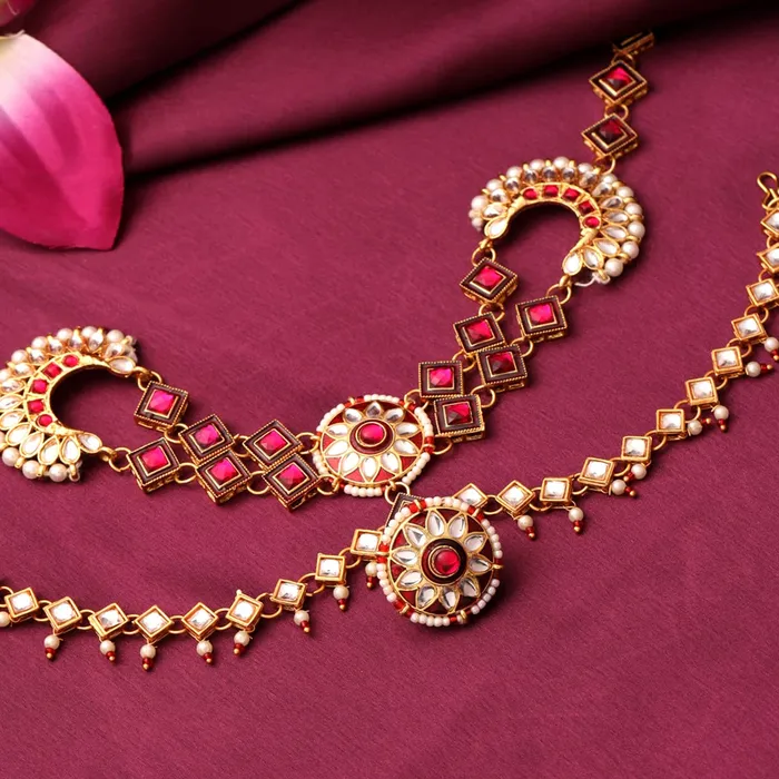 Yellow Chimes Earrings Yellow Chimes Maantikka Daamini for Women Gold Toned Kundan and Red Crystal Studded Daamini Maang Tikka for Women and Girls