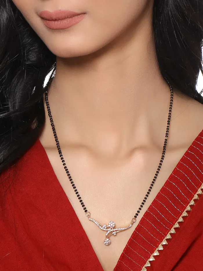 Yellow Chimes Earrings Yellow Chimes Mangalsutra for Women Silver Toned ADAmerican Diamond Studded Black Beads Mangalsutra for Women and Girls