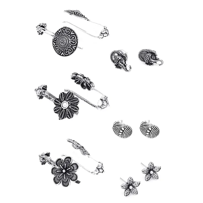 Yellow Chimes Earrings Yellow Chimes Oxidised Ear Cuffs for Women Combo of 3 Pairs Silver Oxidised Stud Earrings Floral Design Traditional Bugadi Ear Clip Earrings for Women and Girls