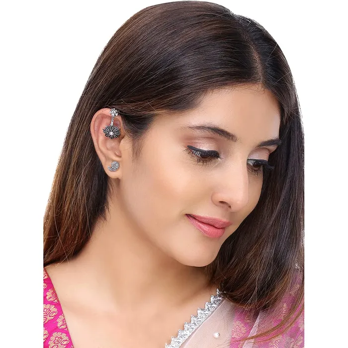 Yellow Chimes Earrings Yellow Chimes Oxidised Ear Cuffs for Women Combo of 3 Pairs Silver Oxidised Stud Earrings Floral Design Traditional Bugadi Ear Clip Earrings for Women and Girls
