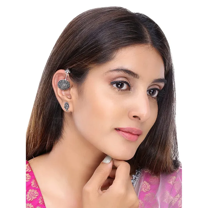 Yellow Chimes Earrings Yellow Chimes Oxidised Ear Cuffs for Women Combo of 3 Pairs Silver Oxidised Stud Earrings Floral Design Traditional Bugadi Ear Clip Earrings for Women and Girls