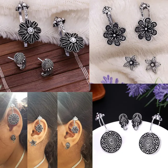 Yellow Chimes Earrings Yellow Chimes Oxidised Ear Cuffs for Women Combo of 3 Pairs Silver Oxidised Stud Earrings Floral Design Traditional Bugadi Ear Clip Earrings for Women and Girls
