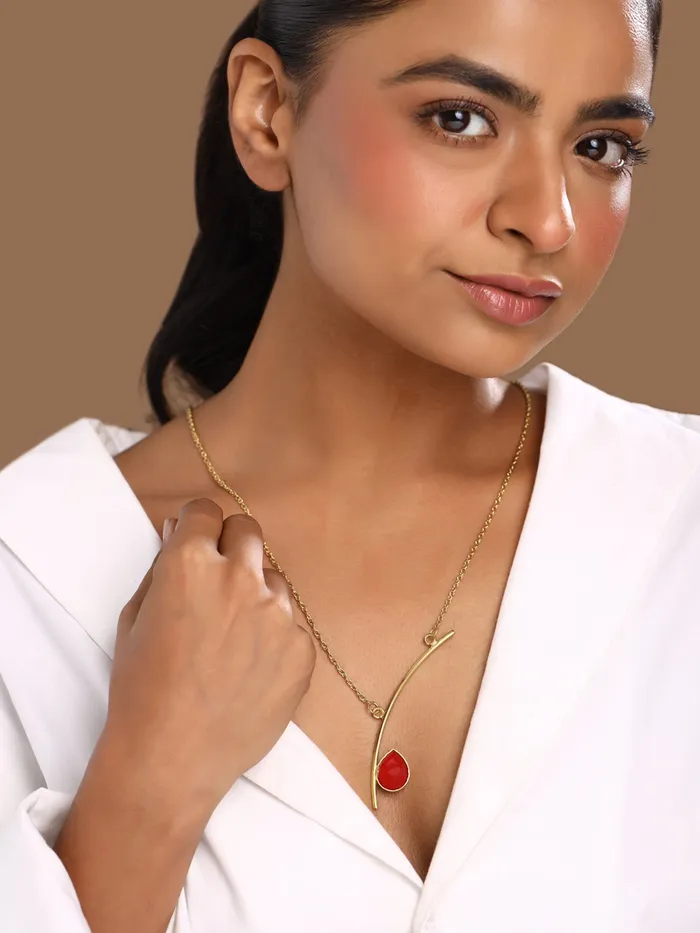 Yellow Chimes Earrings Yellow Chimes Pendant Necklace For Women Fashion Golden Charm Pendant Gold Plated Red Stone Studded Chain Necklace For Girls Heritage Hues Birthday Gift for Girls Anniversary Gift for Wife