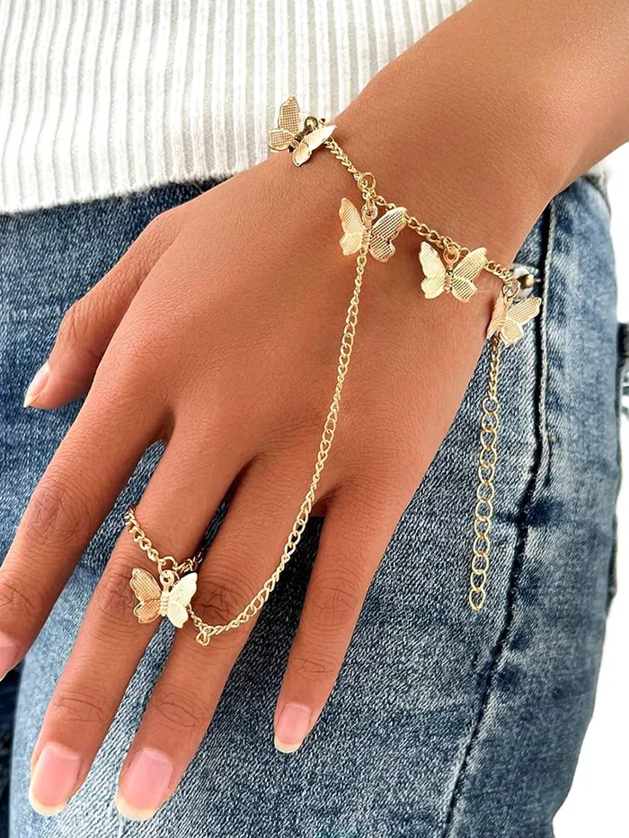 Yellow Chimes Earrings Yellow Chimes Ring Bracelet for Women and Girls Bracelet With Ring for Girls Gold Toned Butterfly Charm Ring Bracelet Birthday Gift For Girls and Women