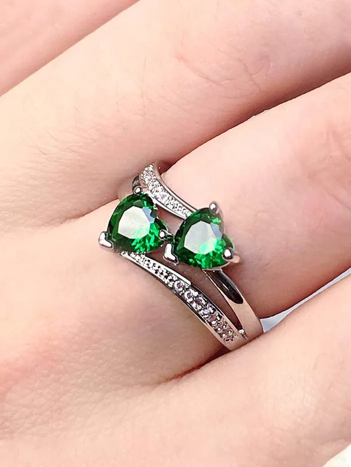 Yellow Chimes Earrings Yellow Chimes Rings for Women and Girls Blue Color Ring Silver Tone Dual Heart Shaped Green Crystal Finger Ring for Women Birthday Gift For girls and women Anniversary Gift for Wife