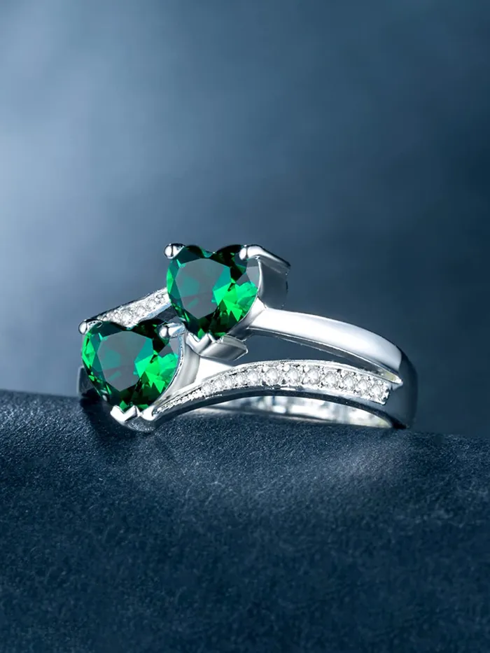 Yellow Chimes Earrings Yellow Chimes Rings for Women and Girls Blue Color Ring Silver Tone Dual Heart Shaped Green Crystal Finger Ring for Women Birthday Gift For girls and women Anniversary Gift for Wife